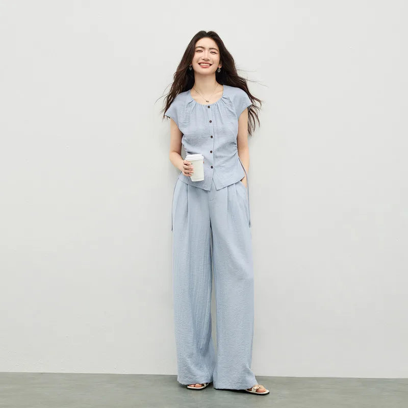 SENTUBILA Women's Office Set 2026 Summer New Blue Button Shirred Drawstring Slim Top Straight Pant 2 Piece Sets 162ZK6231
