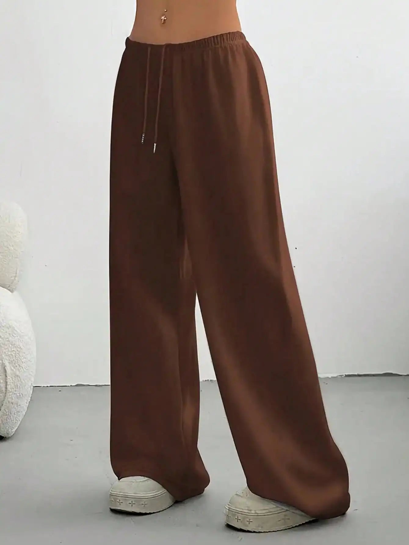 2026 Women's Casual Four Seasons - Comfortable Loose Solid Color Drawstring Elastic Belt Wide Leg Running Pants