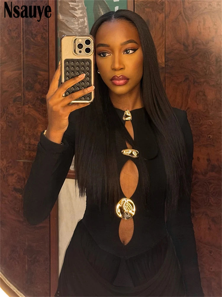 Nsauye Autumn Winter Women 2025 Sexy Night Club Mini Wrap Hollow Out Party Dress Fashion Elegant Evening Short Dress Long Sleeve