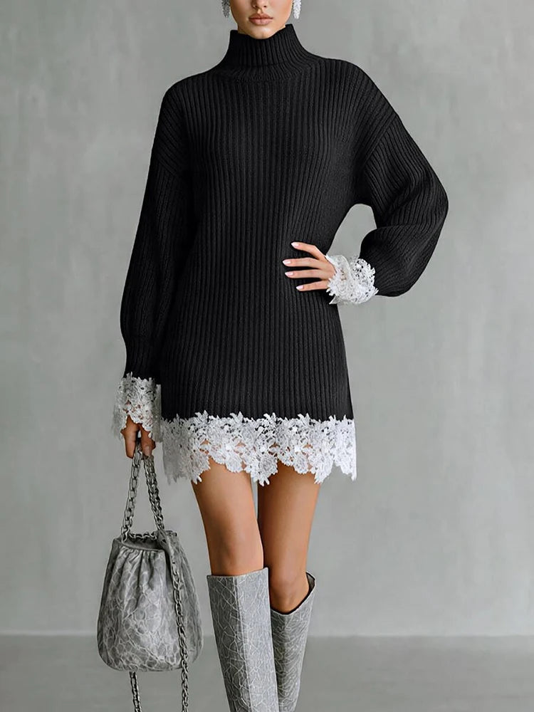 Women Turtleneck Ribbed Knitted Mini Dress Elegant Lace Hem Patchwork Party Dress Casual Long Lantern Sleeve Loose Sweater Dress