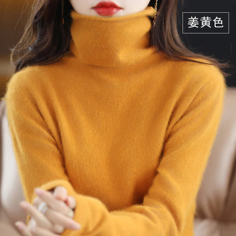 Women's Pile Collar 100% Mink Cashmere Sweater Winter High Collar Knitted Pullover Casual Short Thick Tops Loose Warm Base Shirt