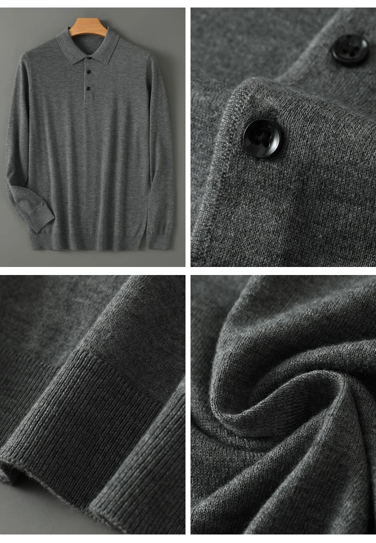 Men's Worsted Wool Kknit Pullover, Business Casual Polo Neck Sweater, Monochromatic Loose Top, Autumn and Winter Fashion, New