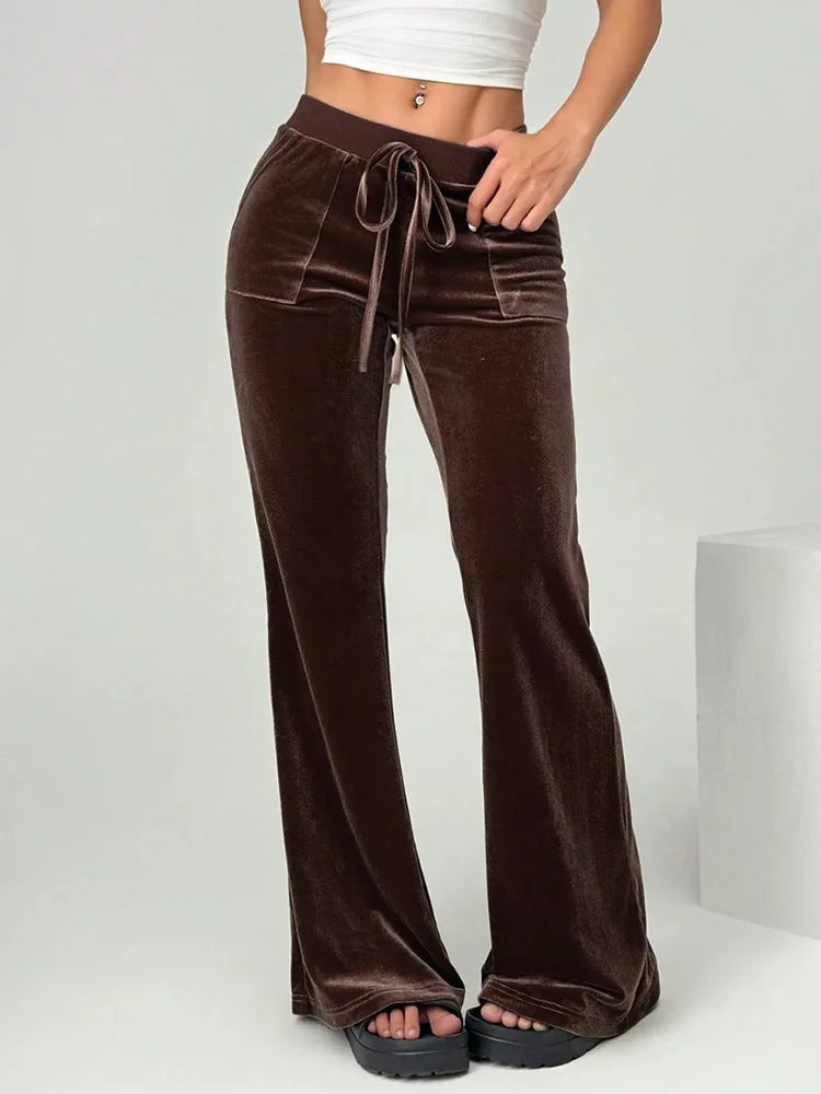 2026 Women's Velvet Trousers Fashion Velvet Solid Color High-Waisted Drawstring Pocket Flared Pant Autumn Winter Casual Pants