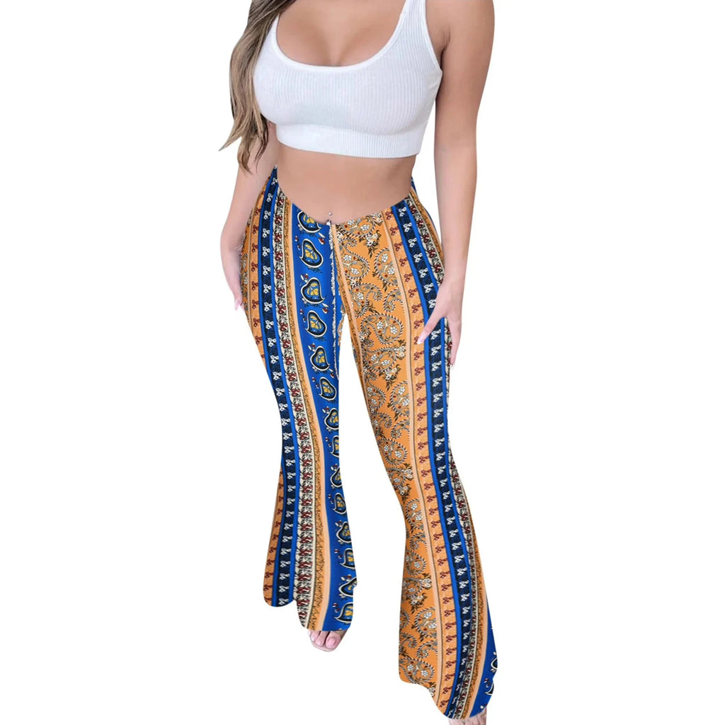 Bohemian Flare Pants for Women High Waisted Stretchy Bell Bottoms Y2K Hippie Style Trousers for Beach Vacation Leggings 2026