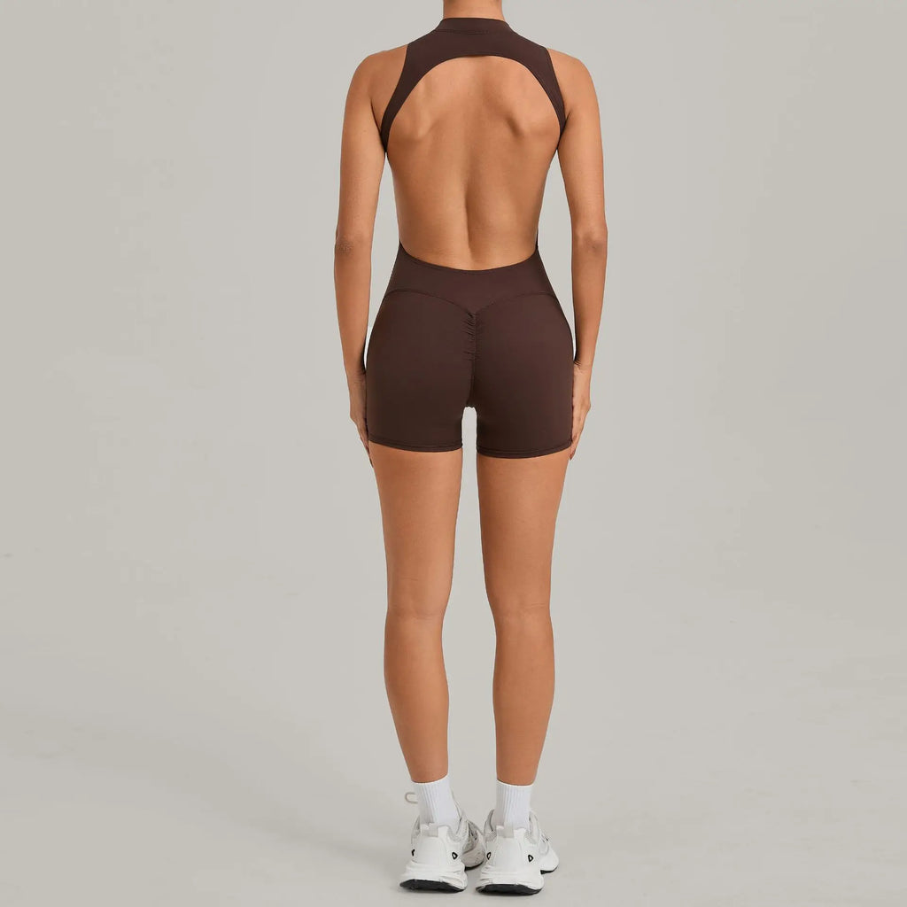 Sexy Hollow Backless Unitard Gym Women Romper Sleeveless Zipper Scrunch Butt Short Jumpsuit for Fitness Sports Short Playsuit