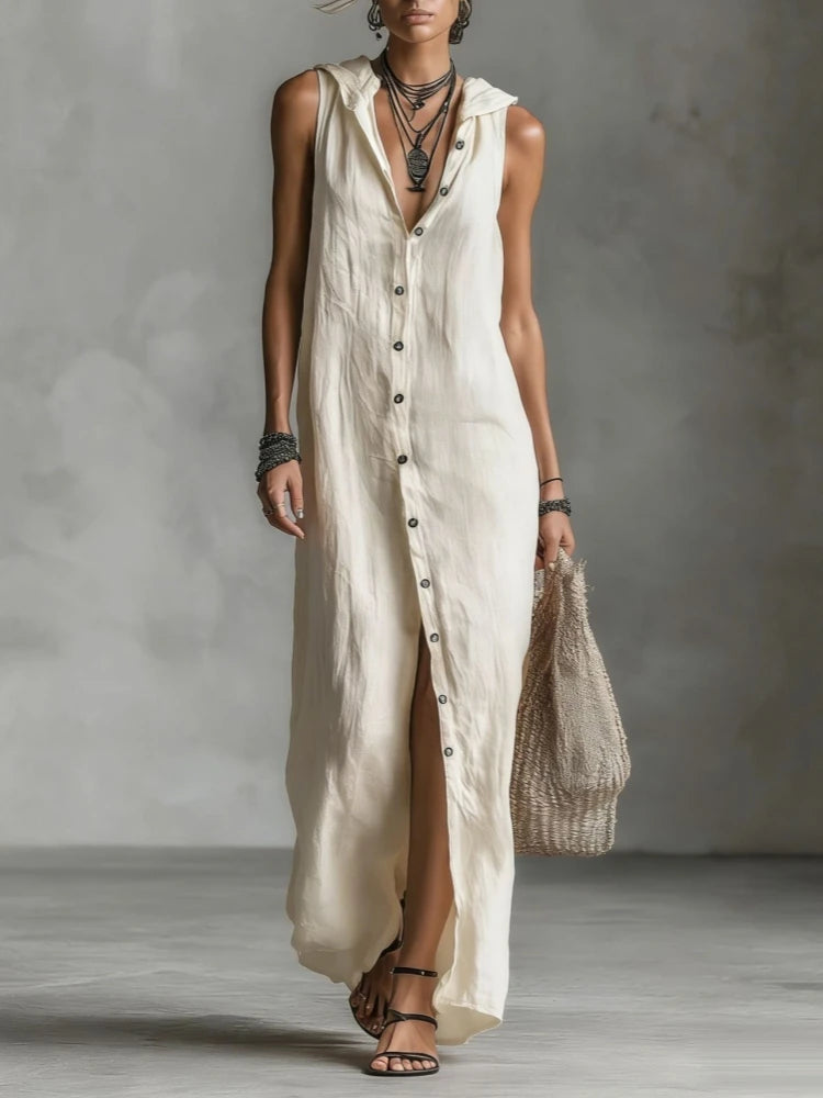 Elegant Cotton Linen Hooded Dress Women Loose V Neck Single Breasted Sleeveless Vestido Female Spring Summer Casual Lady Dresses