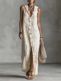 Elegant Cotton Linen Hooded Dress Women Loose V Neck Single Breasted Sleeveless Vestido Female Spring Summer Casual Lady Dresses