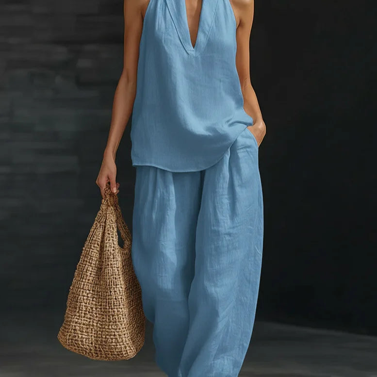 Loose Two-piece Halter Neck V-neck Sleeveless Top Trousers 2026 Summer Women's Fashion Solid Color Casual Womens Matching Sets
