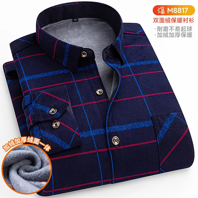 Winter Warm Shirts For Men Regular Fit Thicker Velvet Top Blouse Asia Plus Size Big Plaid Casual Clothing Long Sleeves Shirts