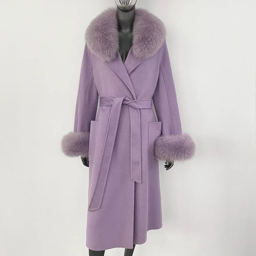 Real Fox Fur Collar Woolen Coat Women's Autumn Winter Warm Natural Fur Coat Casual Wool Fur Jacket Fashion Long Fur Coat Women's