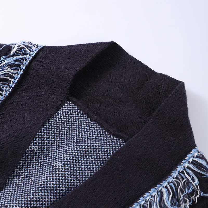 Casual Print Tassel Cardigan Women Elegant Belt V-neck Long Sleeve Knitted Sweaters Female 2026 Autumn Winter Knitwears Lady
