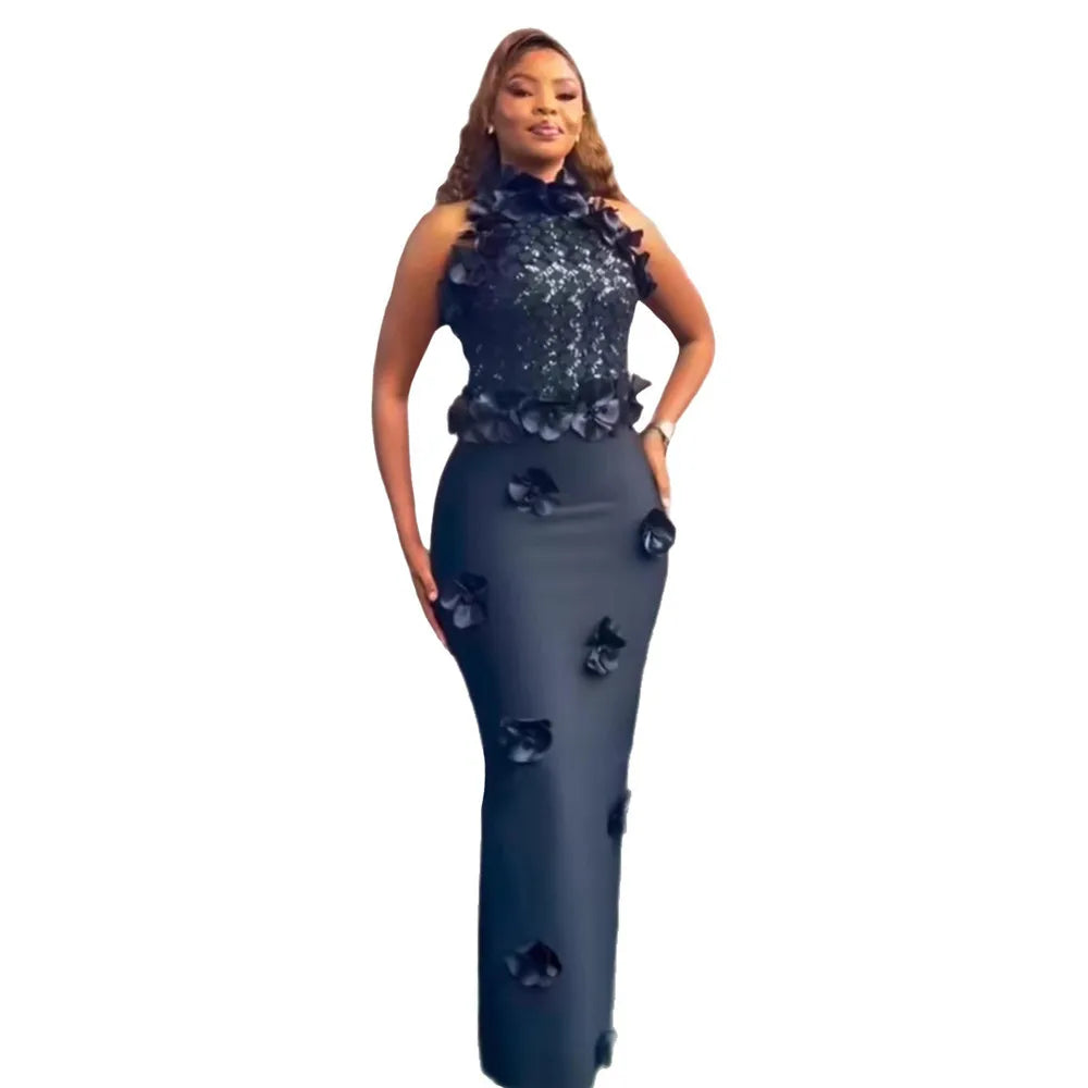 Women Fashion Flower Beading Sequins Patchwork Bandage Dress Celebrity Party Sleeveless Elegant Dresses