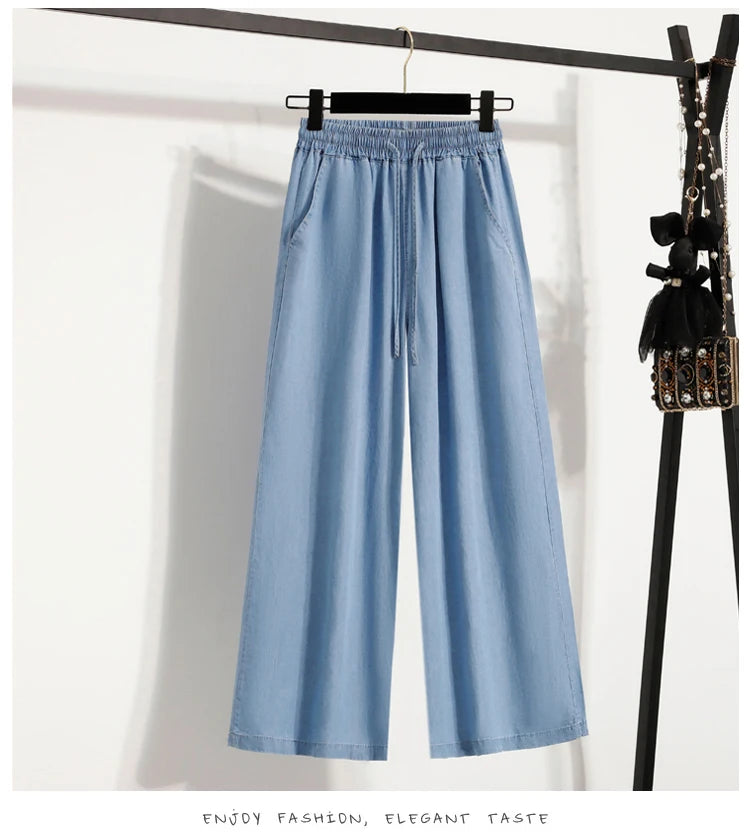 Women's Summer Slim Straight Leg Jeans Wide Leg Ice Silk Casual High Waist Trousers Cotton Polyester Blend No Ironing Needed