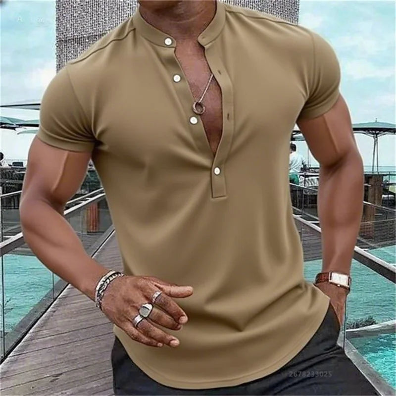 Men's Short-Sleeved Casual Shirt Hawaiian Style Shirt Solid Black Shirt Stand Collar Design Suitable for Beach Vacation XS-5XL