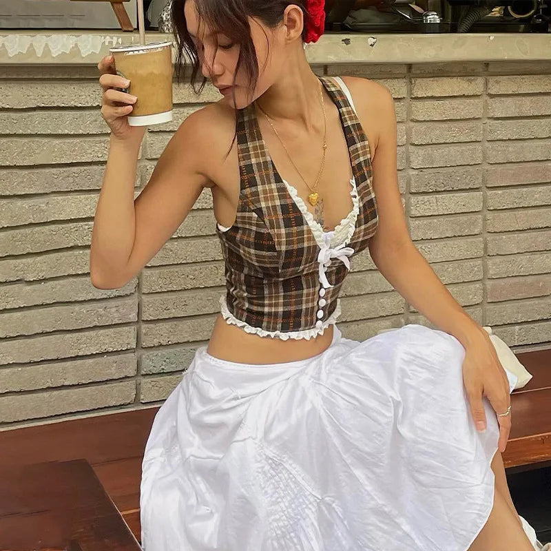French Style Retro Slim Halter Top Y2K Lace Backless Sleeveless V-neck Ruffle Camisole Summer Sexy New Women‘s Clothes