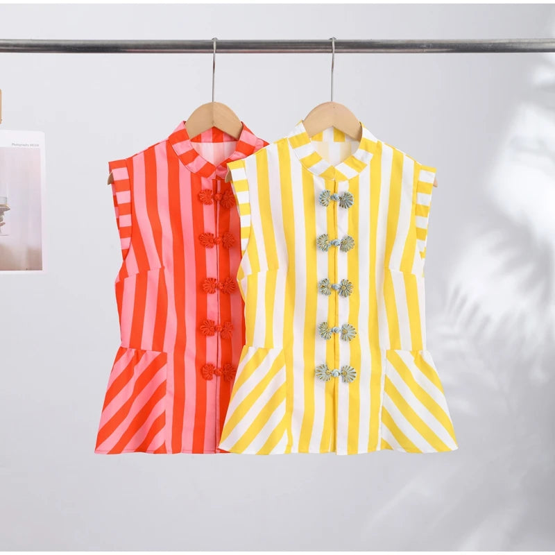 Striped Mandarin Collar Frog Button Ruffle Trim Top Striped Single‑breasted 2026 Summer Women Blouse Versatile Casual Lady Top