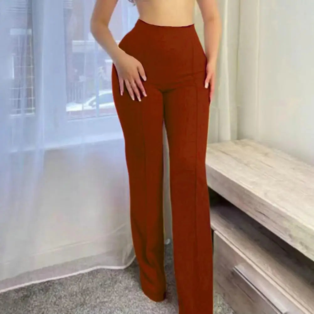 Women Casual Pants High Waist Flared Pants Solid Color Stretchy Long Trousers Streetwear