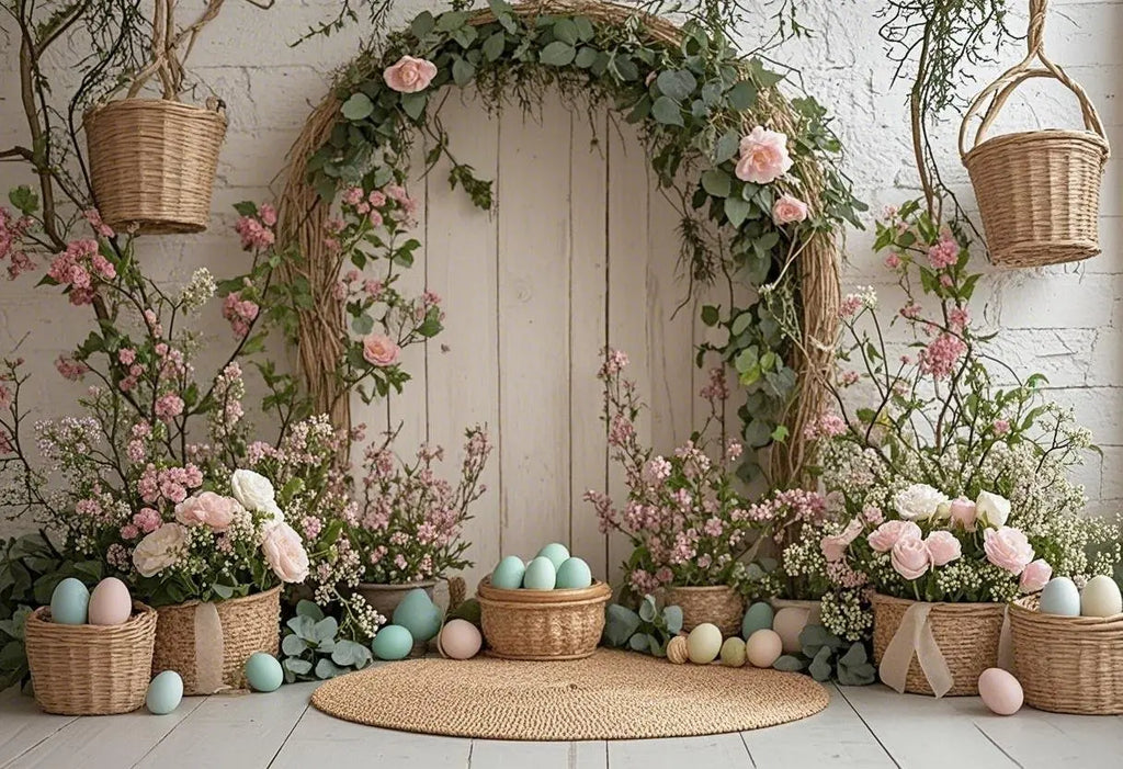 Happy Easter Day Photography Background Blue Wood Board Easter Egg Spring Flower Rabbit Kid Birthday Portrait Photocall Backdrop