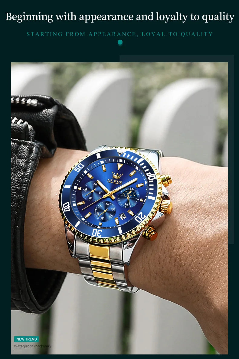 OLEVS 2870 Gold Men Watch Luxury Original Diving Series Men Watch Calendar Moon Phase Chronograph Sport Men Quartz Watch Gift