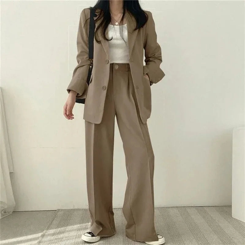 2026 Female Solid Color Blazer 2PCS Autumn Women Lapel Tops High Waist Outfit Korean Ladies Long Sleeves Suit Wide Leg Pants