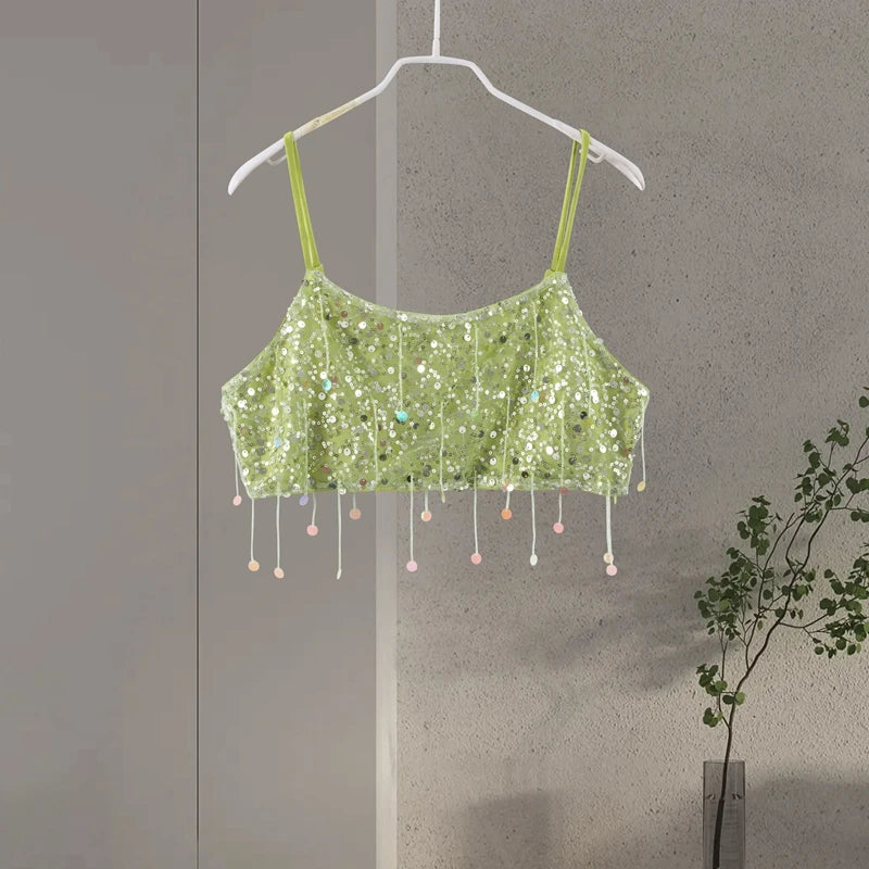 Sexy Tassel Sequins Vest Mini Skirt Women Crop Sling Vests Short Hip Package A-line Skirts 2026 Summer Lady Beach Party Outfits