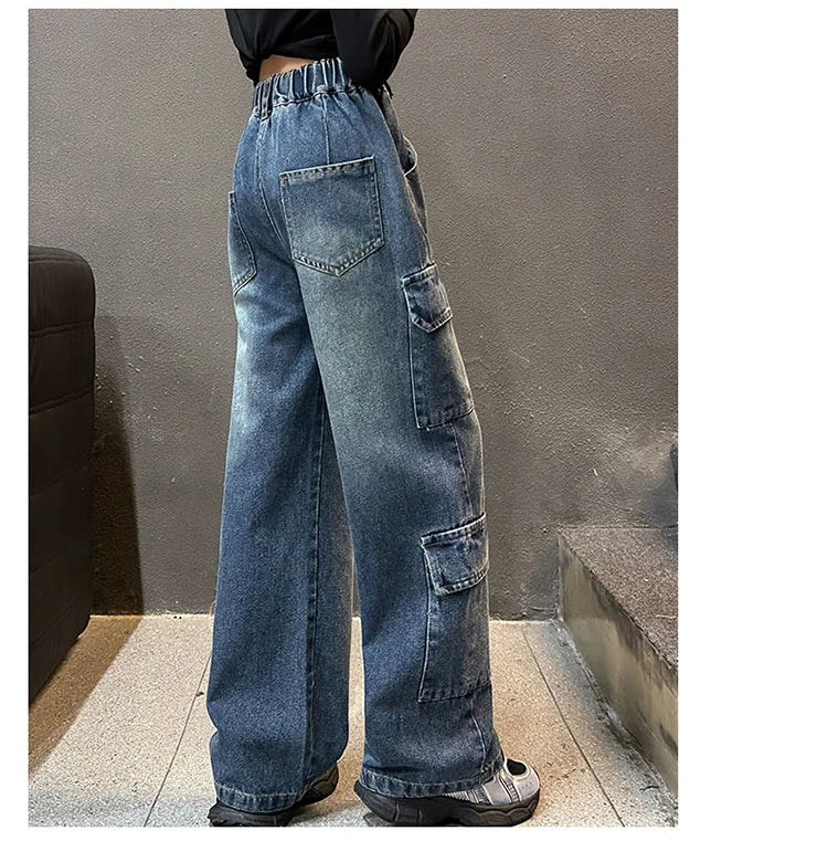 Kids Design Luxury Straight Leg Cargo Jeans with Multi Pocket for Teens Girl Cool Denim Pants Tweens Child Casual Jeans Trousers