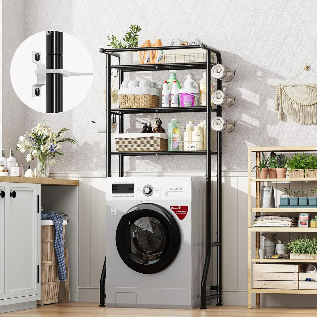 3-Tier Over Toilet Storage Cabinet, Metal Bathroom Shelf with Paper Holder & Hooks, Black