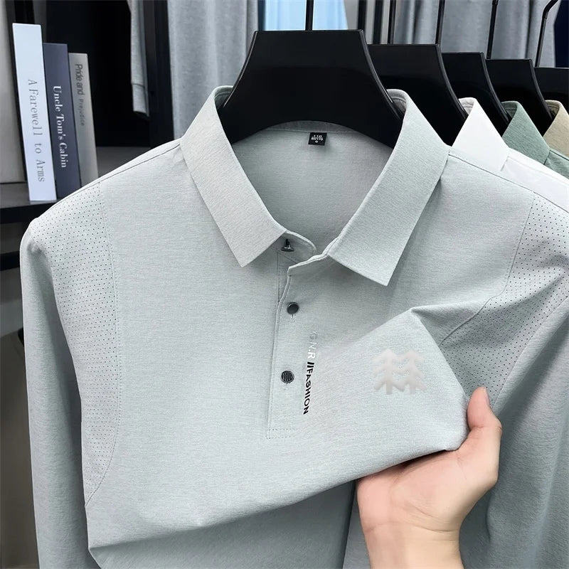Men's Autumn Long Sleeved Polo Shirt Collar Offset Printing Breathable Mesh Design T-Shirt Sports and Casual Men's Clothing Top