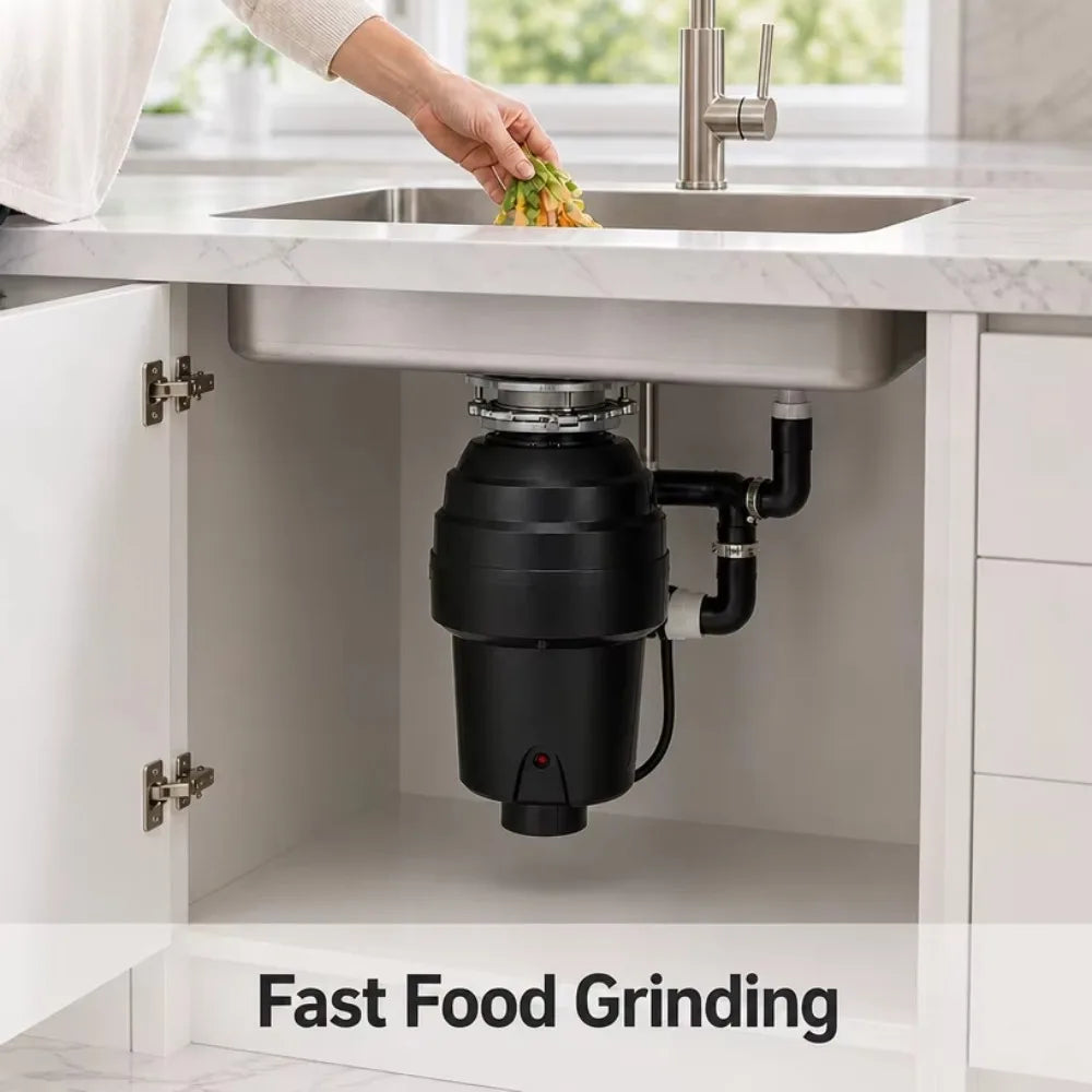 High Effective Kitchen Sink Garbage Disposal Food Waste Crusher Continuous Feed 1 HP Stainless Steel Grinding Chamber OEM ODM