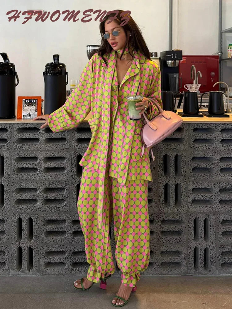 Vacation Geometric Printed Loose Pants Set Women Lapel Full Sleeve Pocket Shirts Wide Leg Pant Suits 2026 Autumn Street Outfit