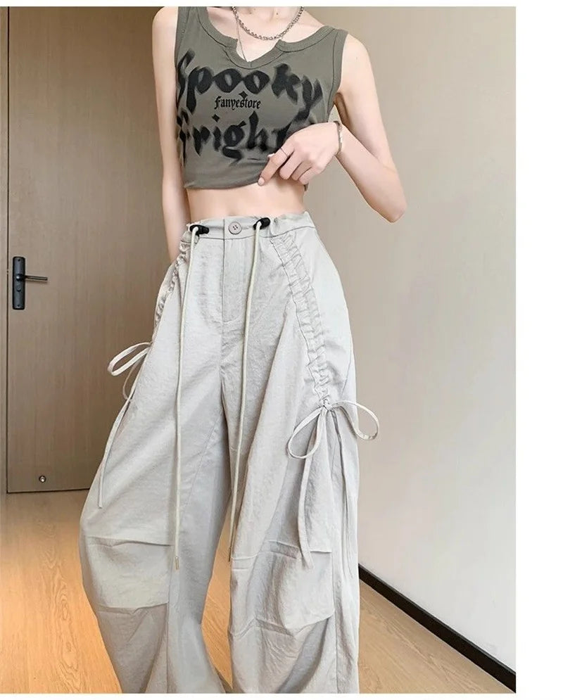 2026 Spring Summer New Women Pants Drawstring High Waisted Female Wide Leg Trousers Casual Vintage Korean Ladies Slim Work Pants