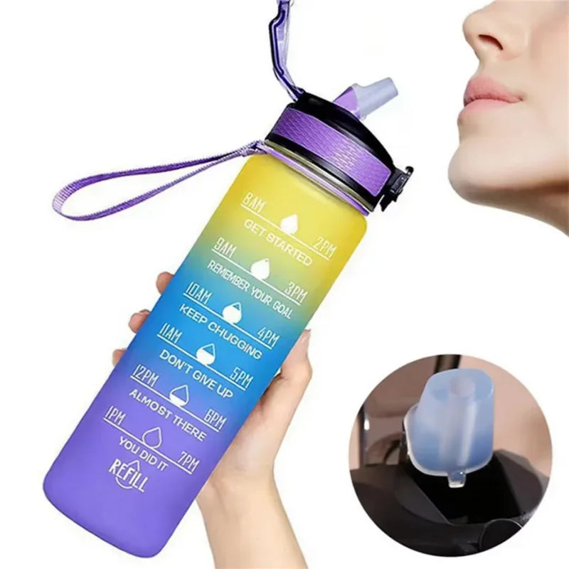 1000ML Sports Bottle Gradient Color Water Bottle with Time Scale Portable Outdoor Sport Drinking Cup Cycling Camp Water Cup