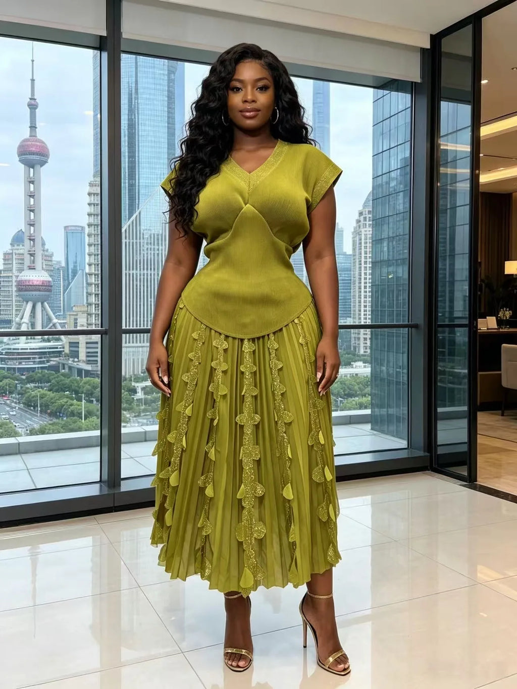 2026 Spring and Summer Retro High Waist and Thin Bronzing Suit  V-neck Bat Sleeve Versatile T-shirt Skirt Two-piece Suit Women