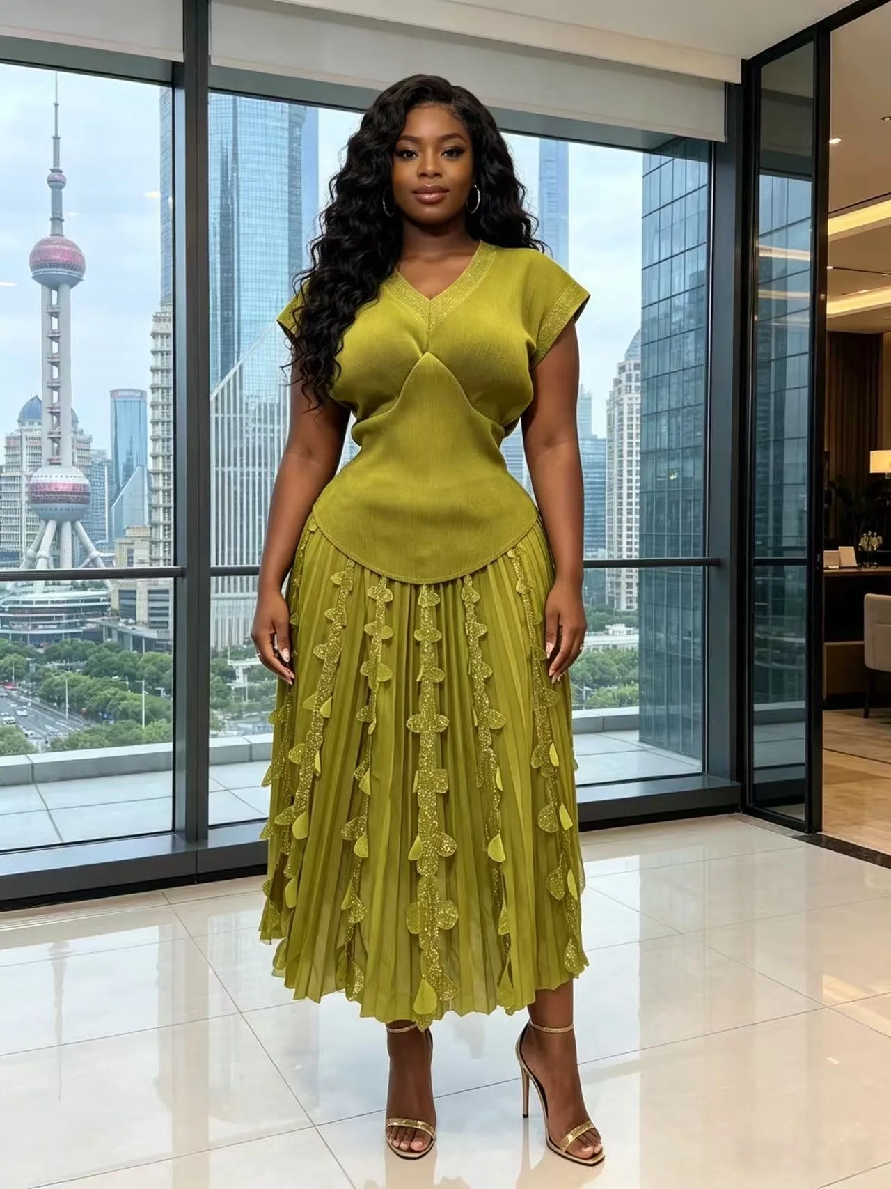2026 Spring and Summer Retro High Waist and Thin Bronzing Suit  V-neck Bat Sleeve Versatile T-shirt Skirt Two-piece Suit Women