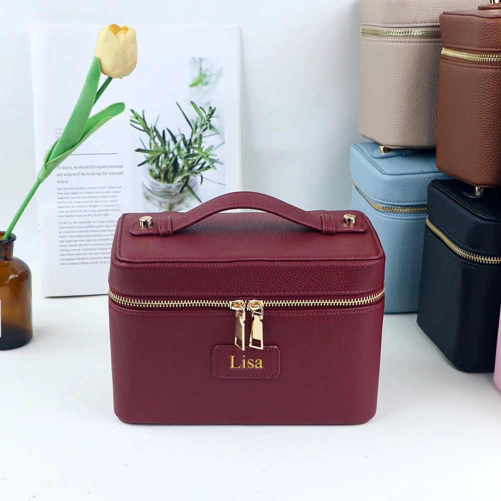 Customized Name PU Leather Cosmetic Bag with Zoned Storage and Large Capacity Toiletry Bag for Autumn and Winter New Products