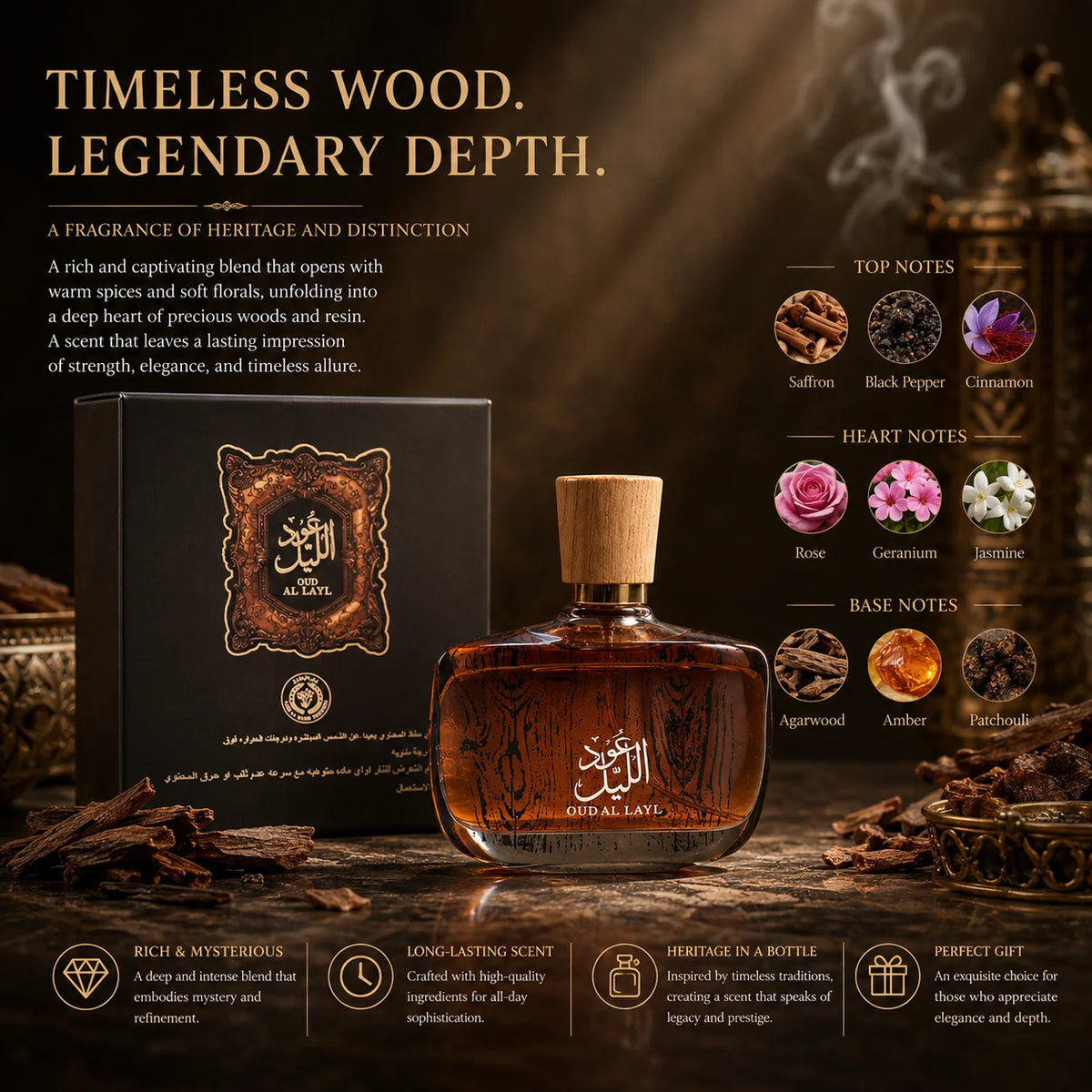 Luxury Oriental Oud Al Layl Eau De Parfum Long Lasting Fragrance Spray For Men And Women Arabian Perfume Body Mist Scent