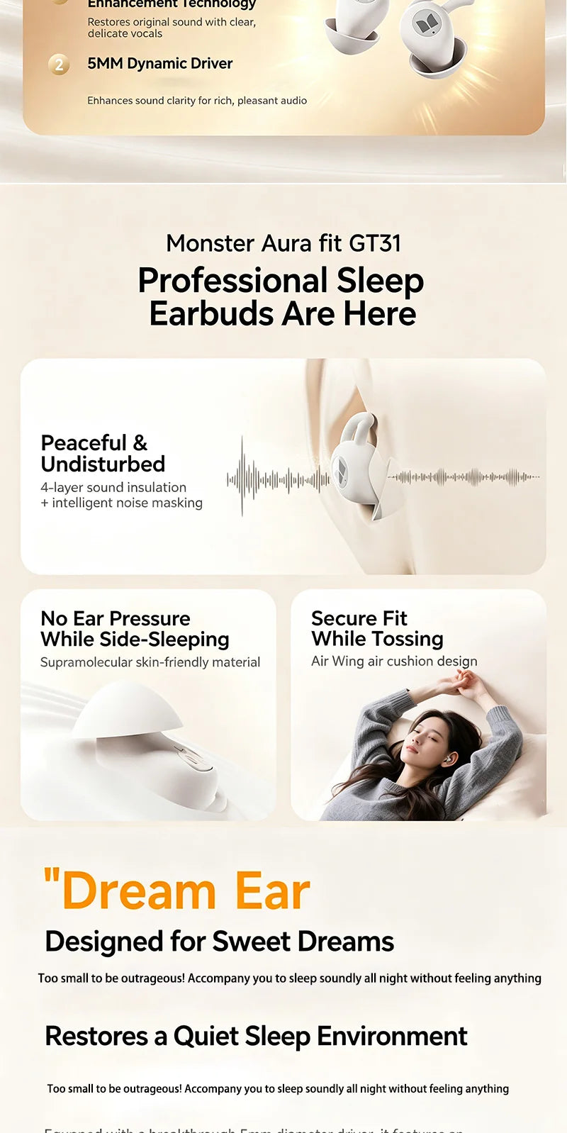 MONSTER GT31 Bluetooth Earphones Wireless Zero-Pressure Earbuds Noise Cancelling Sleep Aid Headphone HiFi Stereo Sound