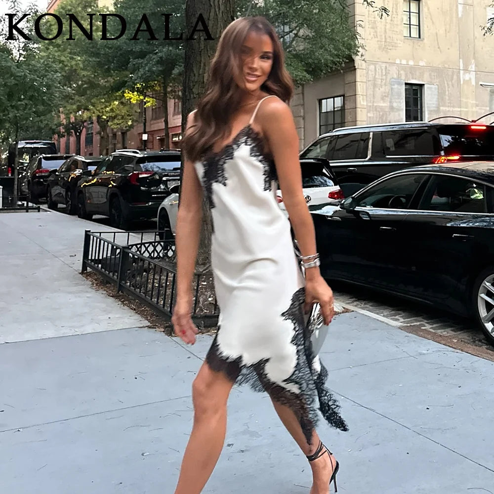 KONDALA 2026 Spring Summer Lace Patch Work Women Dresses Fashion Brown Wedding Guest Dress For Women Elegant Chic Ladies Dresses