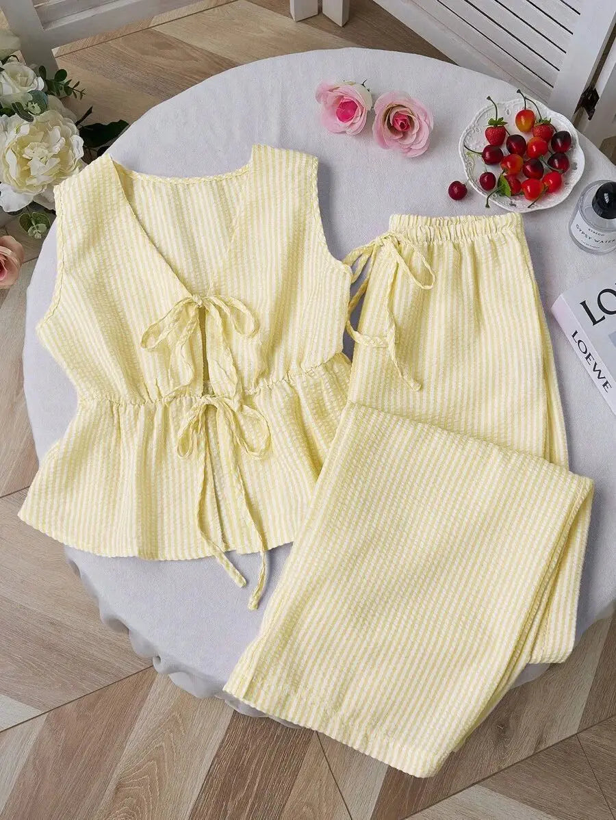 2026 European‑style Summer Solid‑Color Striped Outfit, Tie‑Strap Tank Top & Loose Trousers, Casual Sweet Two‑Piece Set