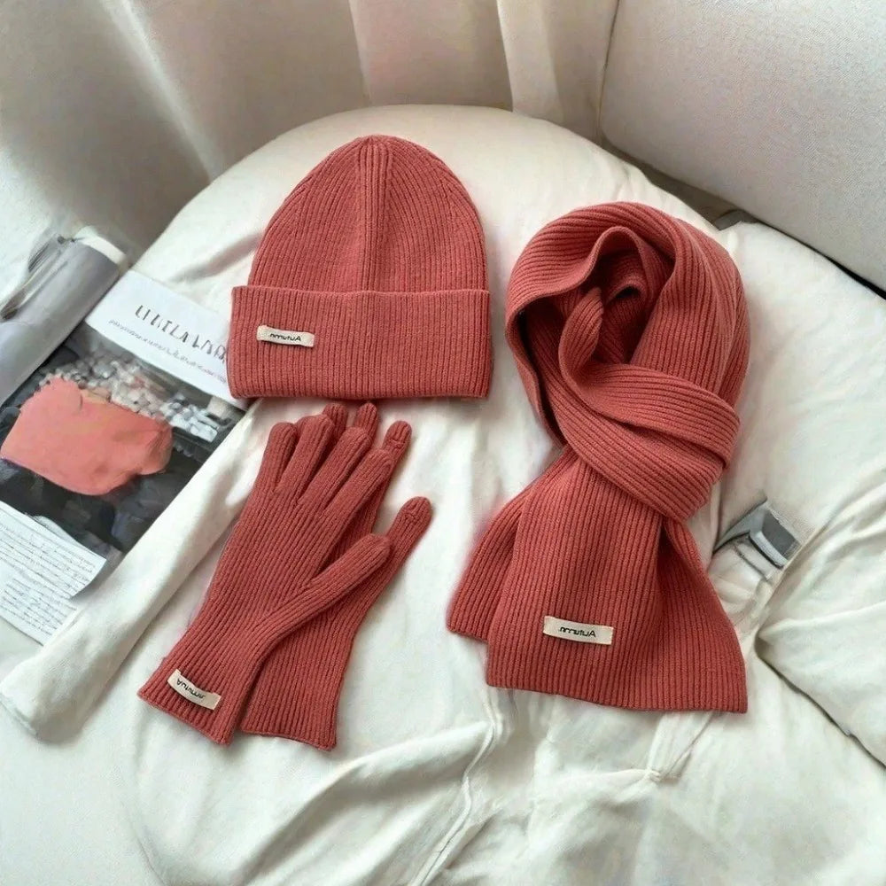 Knitted Winter Scarf Woman Solid Color Hat Scarf Gloves Women's Windproof Adult Three-piece Set Fashion Women's Scarf Hat Set