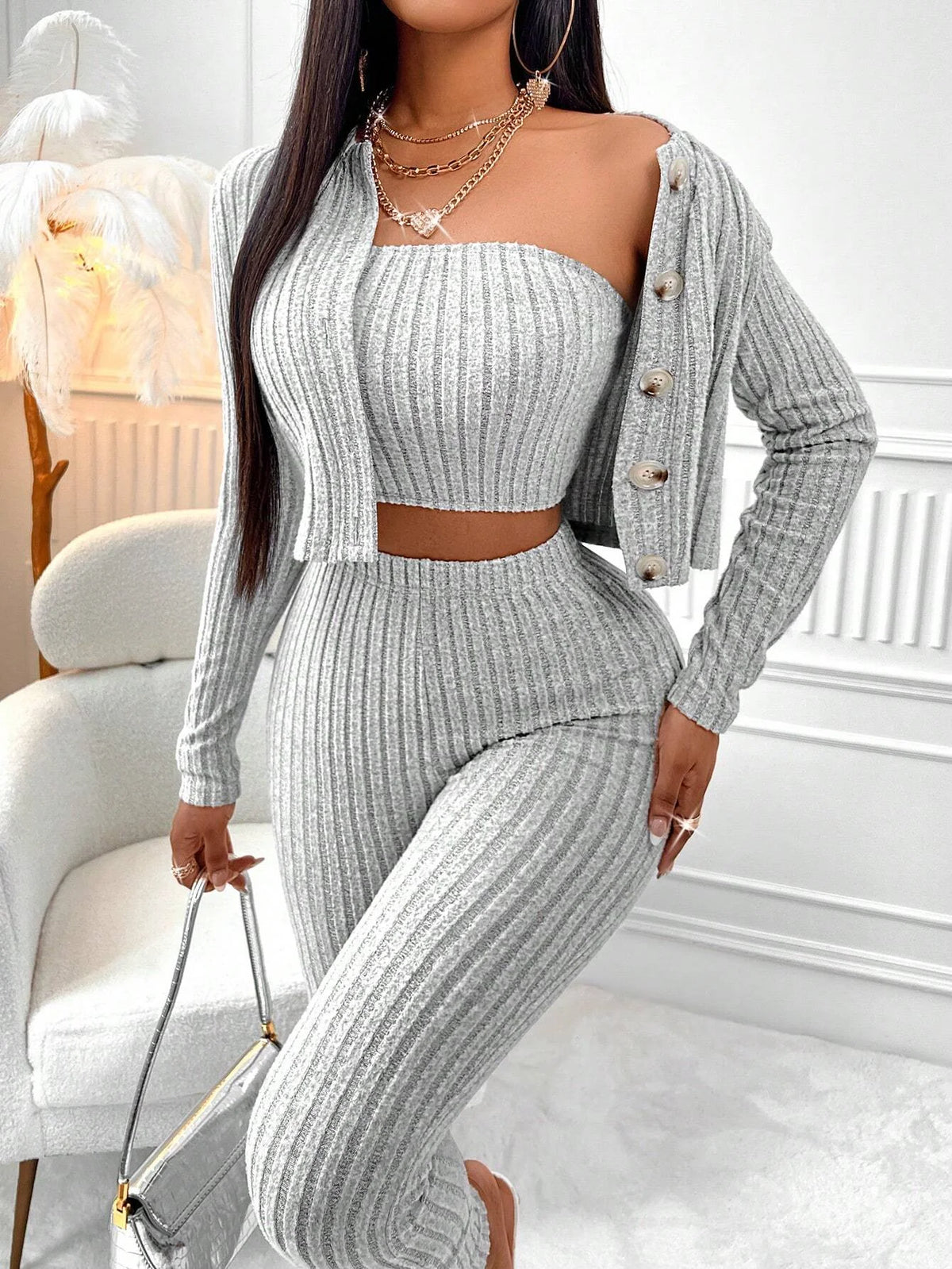 3-Piece Set of Solid Color Camisole, Front-Button Jacket, and Leggings