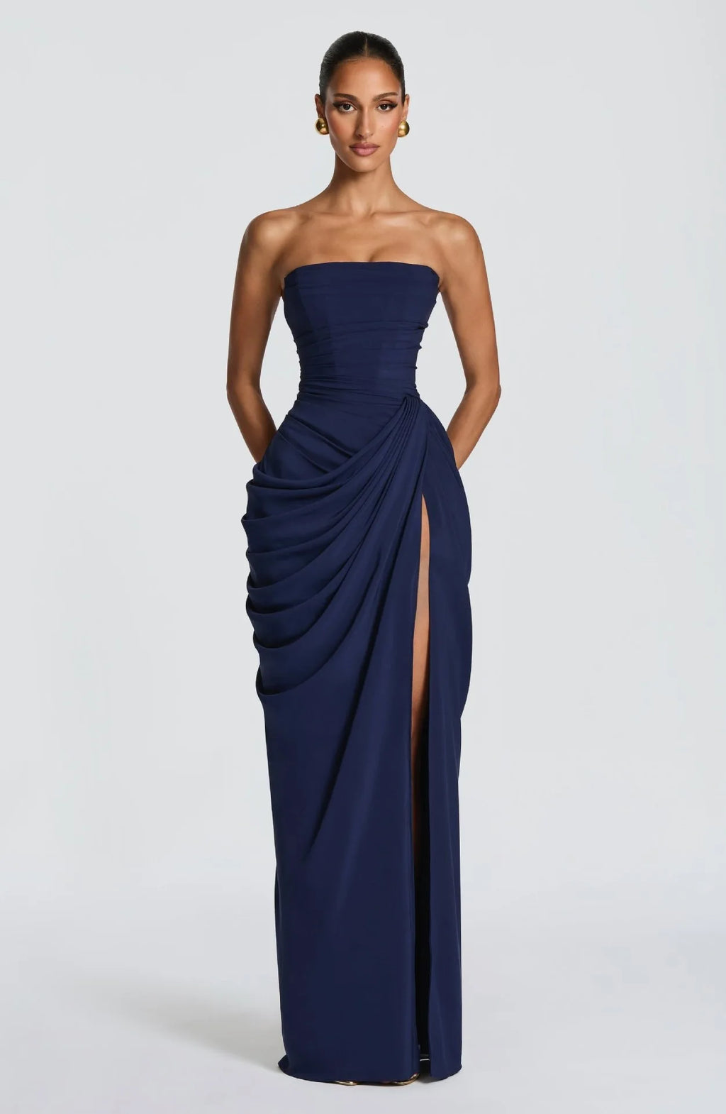 Elegant Backless Long Skirt Solid Color Simple High-Grade Waist Side-Opening Design Sexy Dinner Dress Celebrity Style