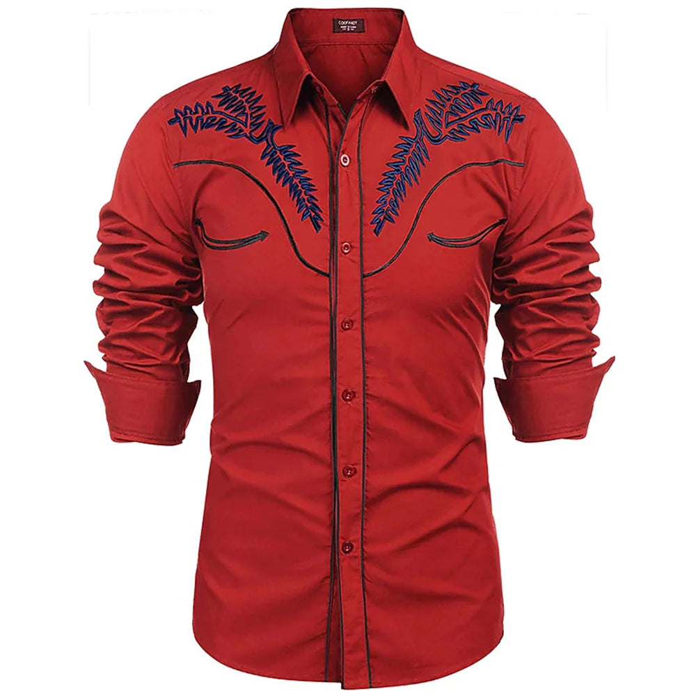 2023 New Men's Western Printed Long-Sleeved Lapel Single-Breasted Shirt Casual Social Men's Club Street Clothing
