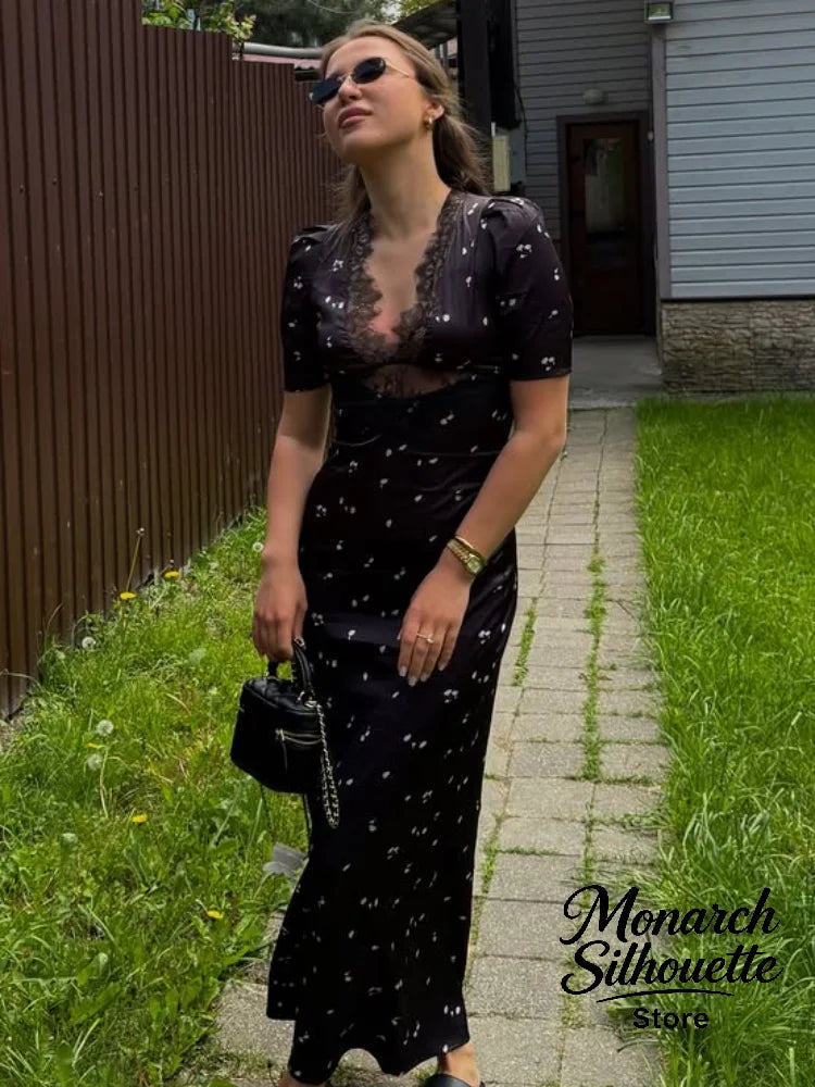 Satin Lace Patchwork Print Dress Women Black V-neck Short Sleeves High Waist Long Dresses Lady Hollow Out Daily Party Vestidos