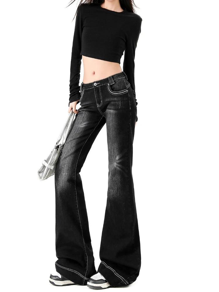 Women Low Rise Flare Jeans Vintage Black Washed Denim Pants Y2K Slim Bell Bottom Trousers Fashion Streetwear Casual Long Pants