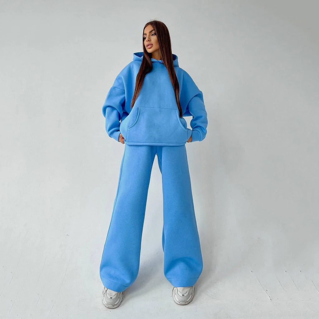 Woman's Solid Color Hooded Sweatshirt Pant Two-piece Set Fashion Long Sleeves Pocket Pullovers Pants Suits Ladies Loose Outfit
