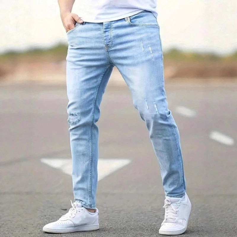 2026 Spring Men's Distressed Skinny Jeans Vintage Wash Elastic Biker Holes Casual Slim Fit Streetwear Denim Pencil Pants Joggers