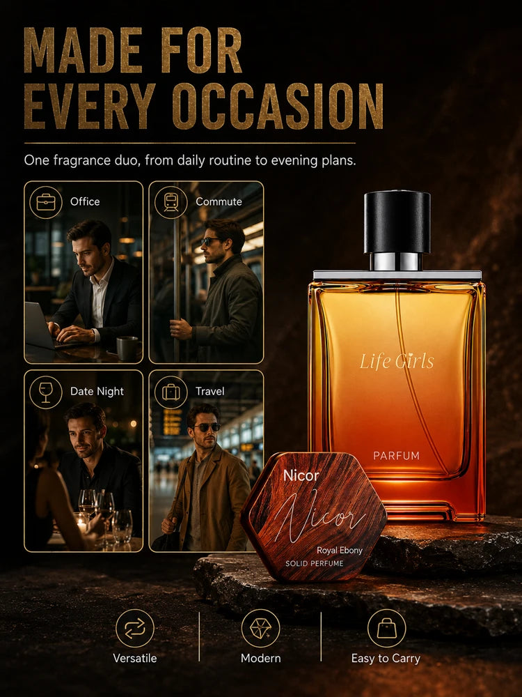 Men's Woody Citrus Perfume Set, Spray Cologne + Solid Perfume Balm, Long Lasting Royal Ebony Travel Fragrance Gift