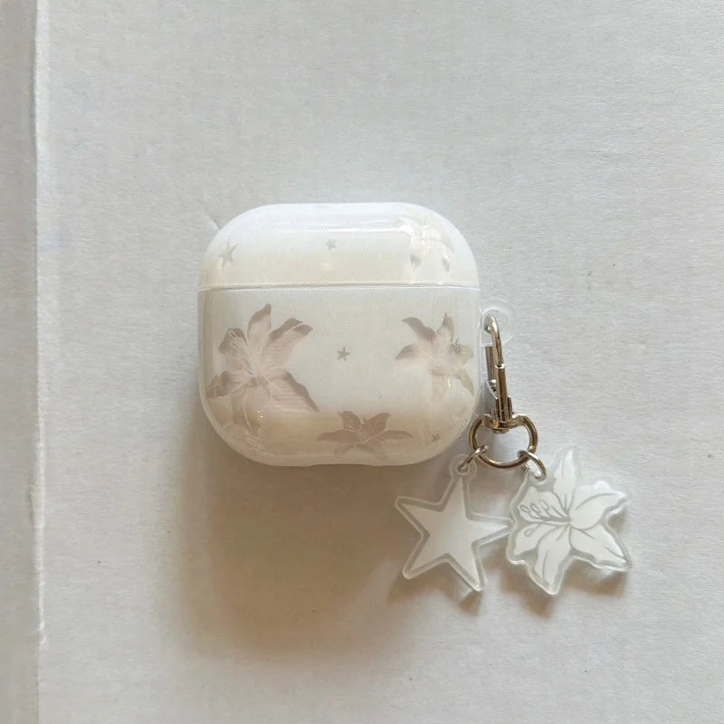 White Lily Flower Print Transparent Earphone Case with Keychain For Airpods 1, 2, 3, 4, Pro, Pro2, Pro3, Dustproof