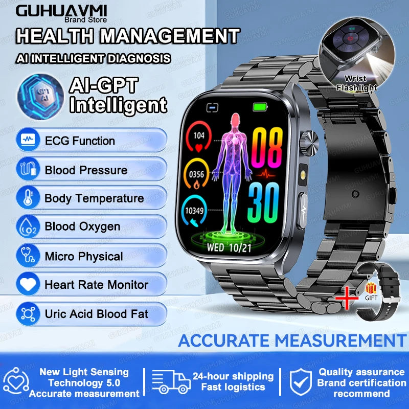 2026 New AI-Diagnosis Care Smartwatch Accurate ECG Uric Acid Lipids Blood Pressure Body Fat IP68 Waterproof Fitness Smartwatch